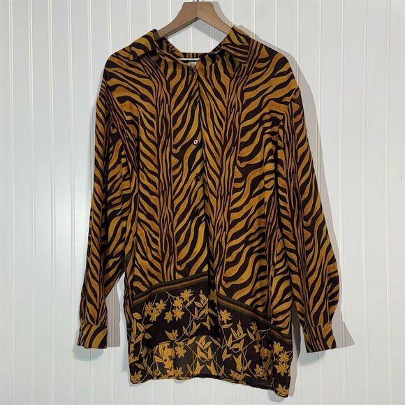 Vintage Gantos Animal Print Blouse Medium Zebra Tiger Floral Button Down 90s - Picture 1 of 8